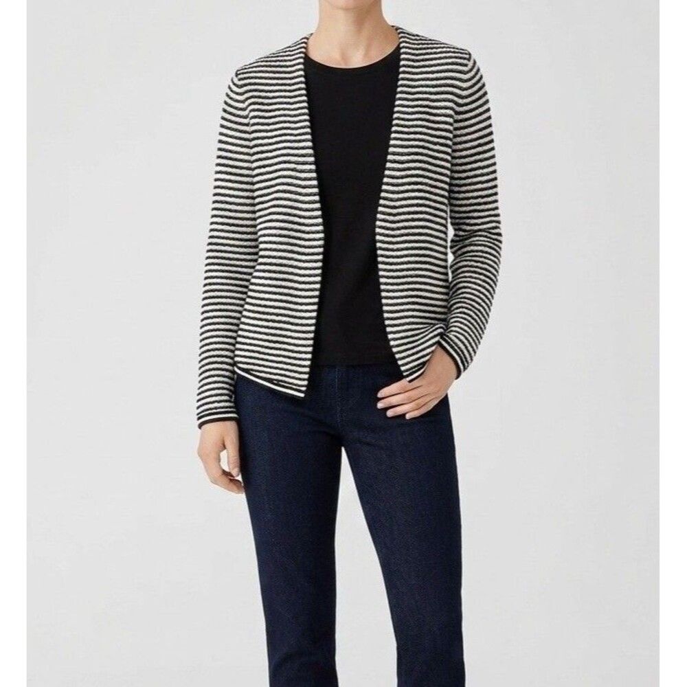 Chico's Black White Stripe Textured Knit Cardigan Jacket Open Front Size 1 Med